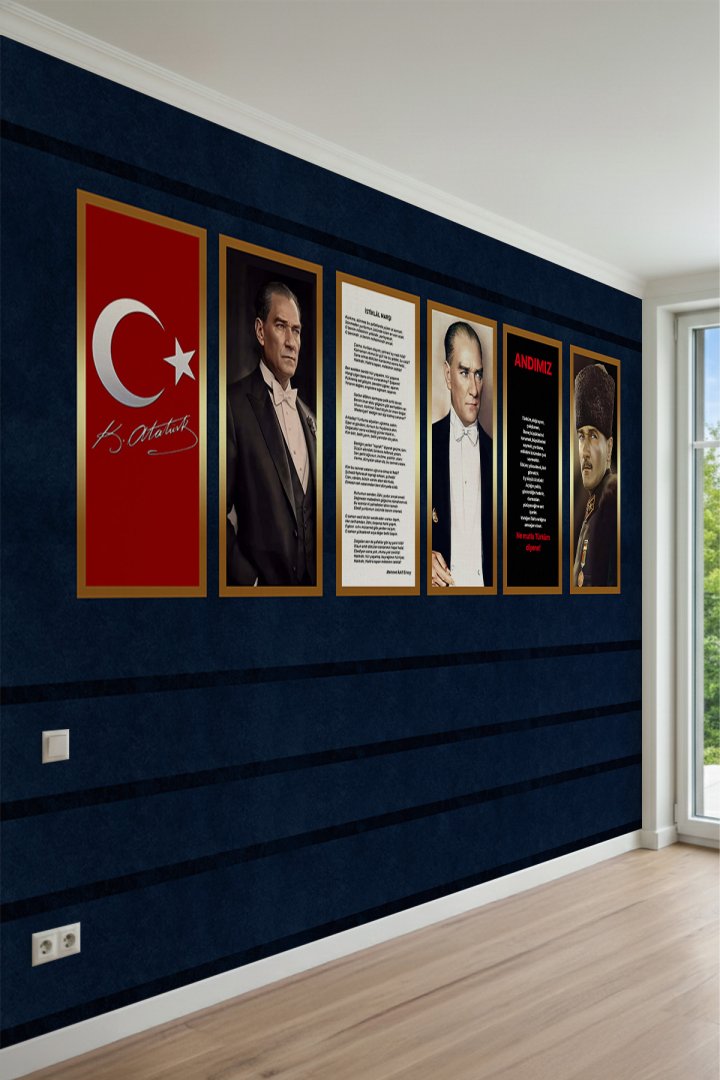 Çerçeveli Atatürk Portreleri, Bayrak ve Andımız Tasarımlı Tek Parça Tekstil Duvar Kağıdı