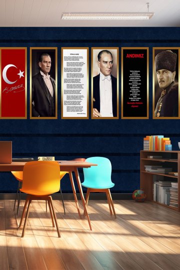 Çerçeveli Atatürk Portreleri, Bayrak ve Andımız Tasarımlı Tek Parça Tekstil Duvar Kağıdı küçük görsel 2