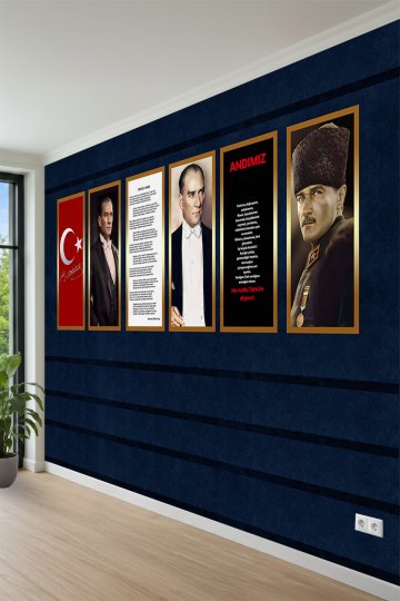 Çerçeveli Atatürk Portreleri, Bayrak ve Andımız Tasarımlı Tek Parça Tekstil Duvar Kağıdı küçük görsel 3