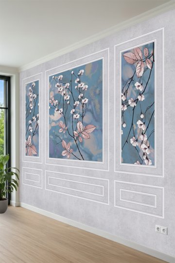 Çiçek Dalı Motifli Neoklasik Çerçeve Desenli Tek Parça Tekstil Duvar Kağıdı küçük görsel 3