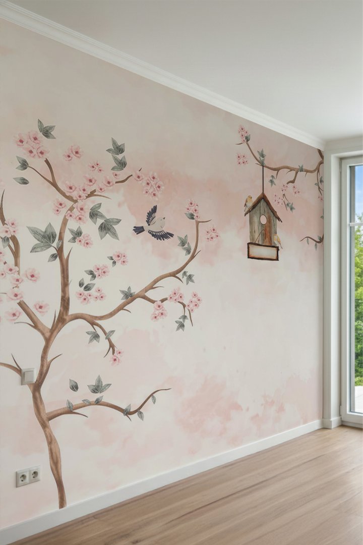 Çiçekli Ağaç Dalı, Kuş ve Kuş Evi Motifli Tek Parça Tekstil Duvar Kağıdı