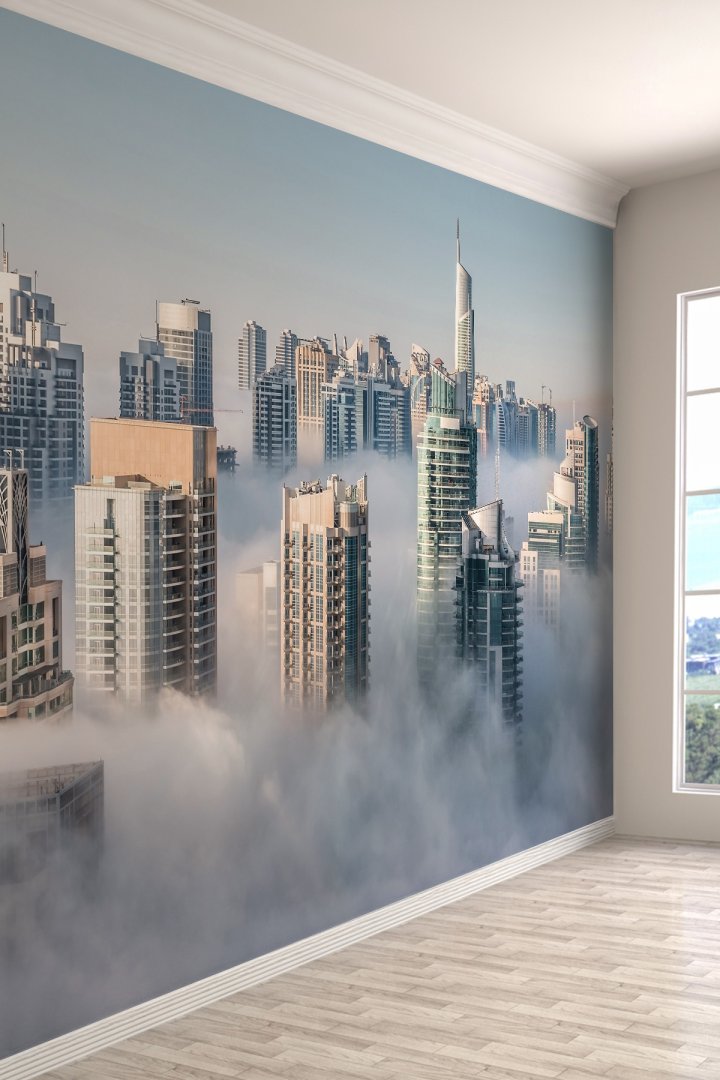 Cityscape Bulutların Üzerinde Şehir Manzaralı Tekstil Duvar Kağıdı