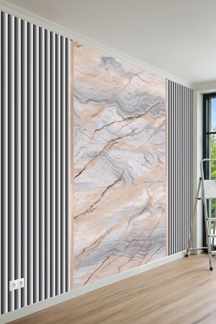 Çizgili Panel ve Doğal Mermer Desenli Tek Parça Tekstil Duvar Kağıdı 