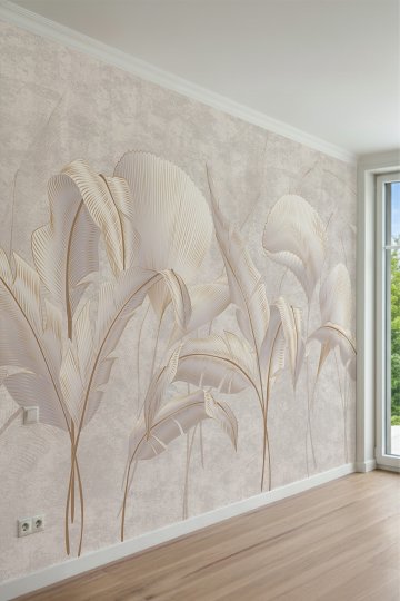 Çizgisel Detaylı Tropikal Yaprak Desenli Tek Parça Tekstil Duvar Kağıdı
