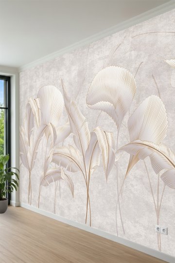 Çizgisel Detaylı Tropikal Yaprak Desenli Tek Parça Tekstil Duvar Kağıdı küçük görsel 3