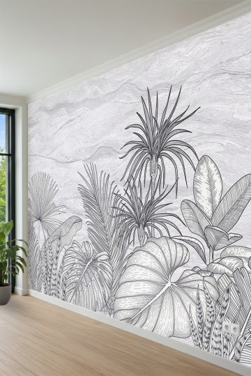 Çizim Tropikal Yaprak Desenli Tek Parça Tekstil Duvar Kağıdı küçük görsel 3