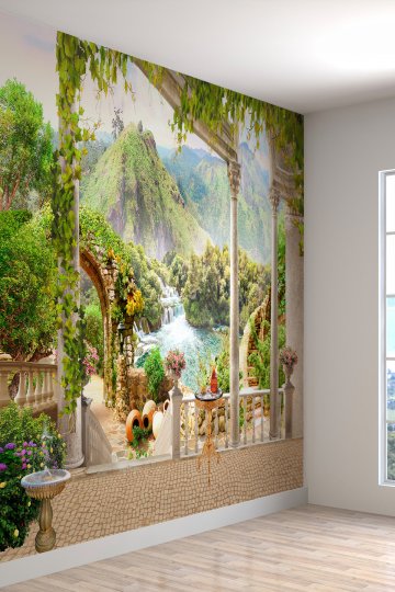 Dağ Ve Şelale Manzaralı Teras Desenli Sağlıklı Tekstil Duvar Kağıdı