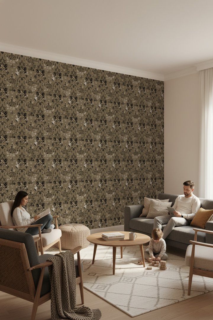 Damask Desenli Tek Parça Duvar Kağıdı -Isı ve Ses Yalıtımı Yırtılmaz