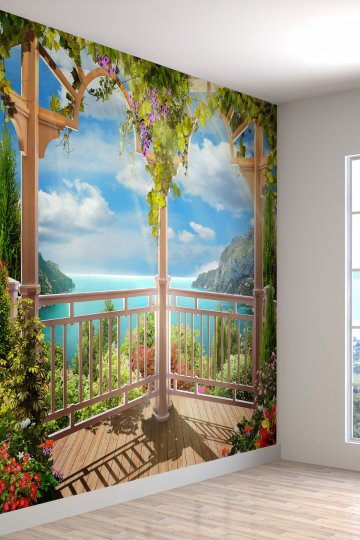 Deniz Manzaralı Balkon Desenli Tekstil Duvar Kağıdı