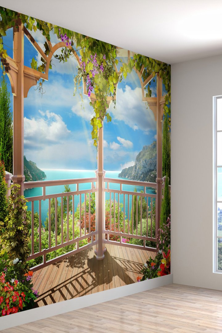 Deniz Manzaralı Balkon Desenli Tekstil Duvar Kağıdı