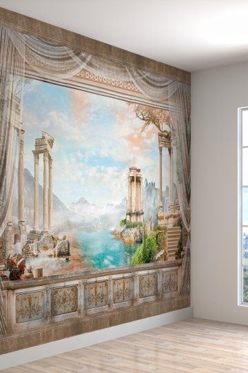 Deniz Manzaralı Saray Balkon Desenli Yırtılmaz Tekstil Duvar Kağıdı