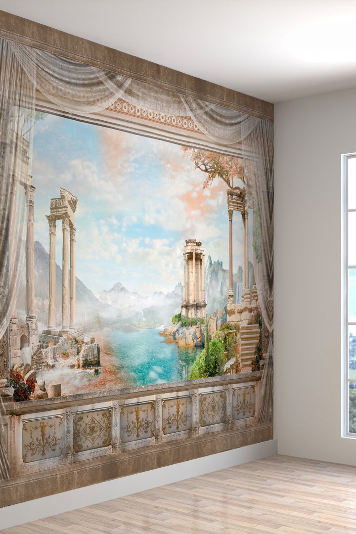 Deniz Manzaralı Saray Balkon Desenli Yırtılmaz Tekstil Duvar Kağıdı