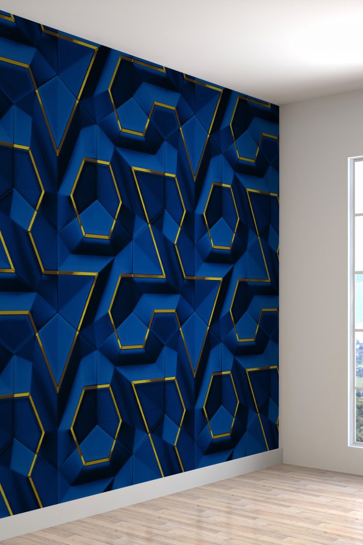 Derin Lacivert 3D Geometrik Desen Tek Parça Tekstil Duvar Kağıdı