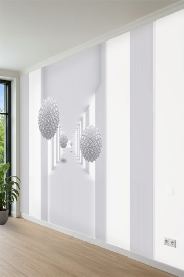 Derinlik Algılı Koridor ve Geometrik Küre Desenli Tek Parça Tekstil Duvar Kağıdı 