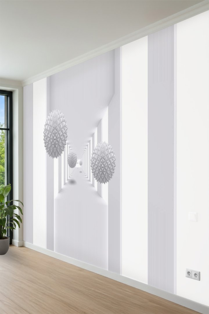Derinlik Algılı Koridor ve Geometrik Küre Desenli Tek Parça Tekstil Duvar Kağıdı 