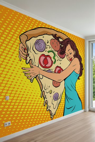 Dev Pizza Dilimine Sarılan Pop-Art Kadın Figürlü Tek Parça Tekstil Duvar Kağıdı küçük görsel 2