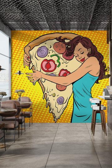 Dev Pizza Dilimine Sarılan Pop-Art Kadın Figürlü Tek Parça Tekstil Duvar Kağıdı