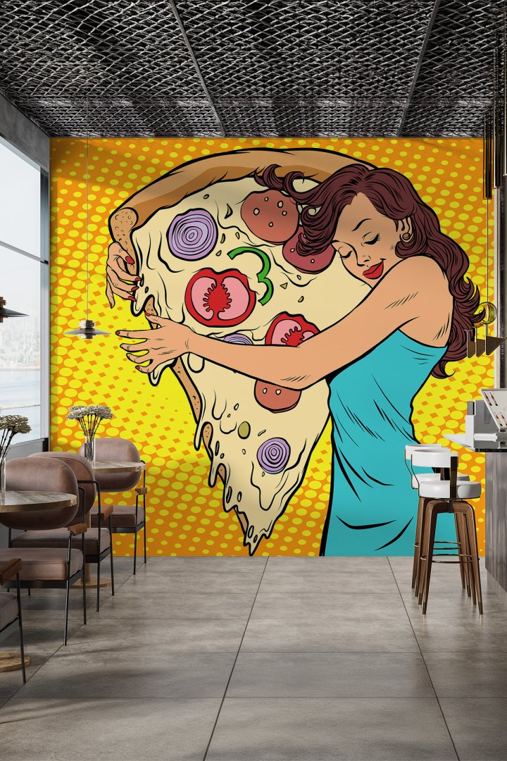 Dev Pizza Dilimine Sarılan Pop-Art Kadın Figürlü Tek Parça Tekstil Duvar Kağıdı