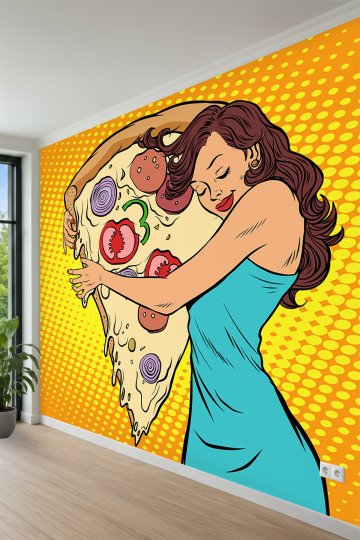 Dev Pizza Dilimine Sarılan Pop-Art Kadın Figürlü Tek Parça Tekstil Duvar Kağıdı küçük görsel 3