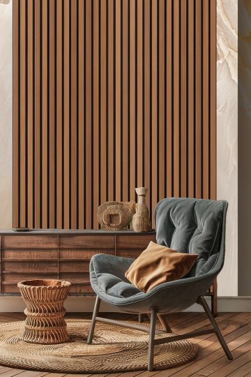Dikey Ahşap Çıta Panel ve Mermer Desenli Tek Parça Tekstil Duvar Kağıdı