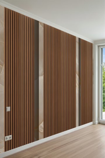 Dikey Ahşap Çıta Panel ve Mermer Desenli Tek Parça Tekstil Duvar Kağıdı küçük görsel 2