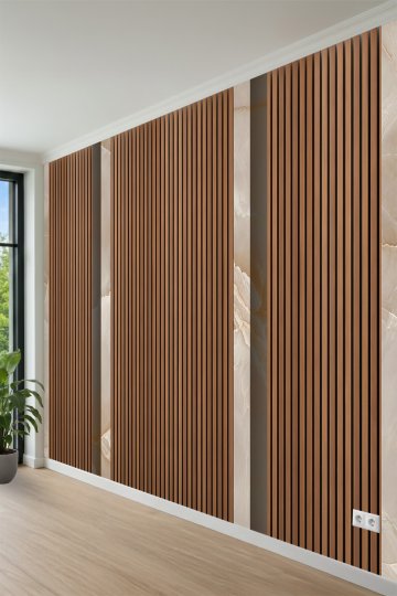 Dikey Ahşap Çıta Panel ve Mermer Desenli Tek Parça Tekstil Duvar Kağıdı küçük görsel 3