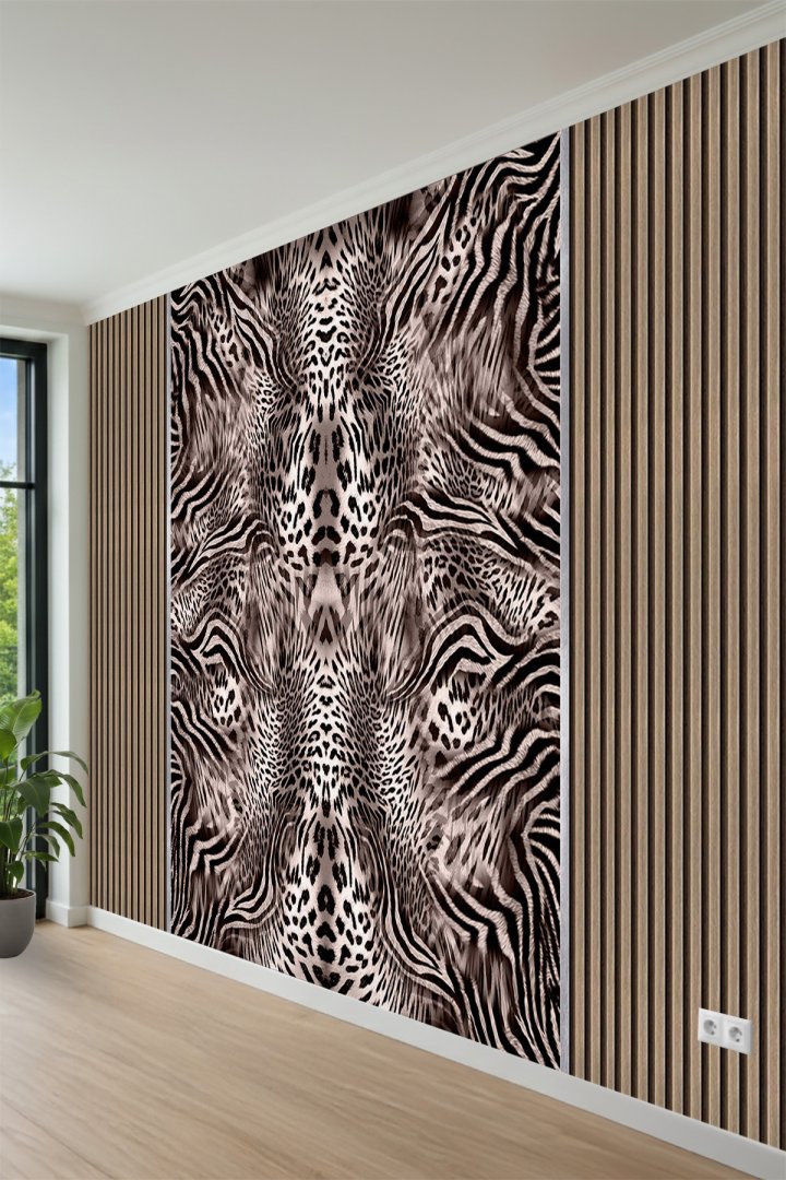  Dikey Ahşap Çıtalı Panel ve Leopar Desenli Tek Parça Tekstil Duvar Kağıdı 