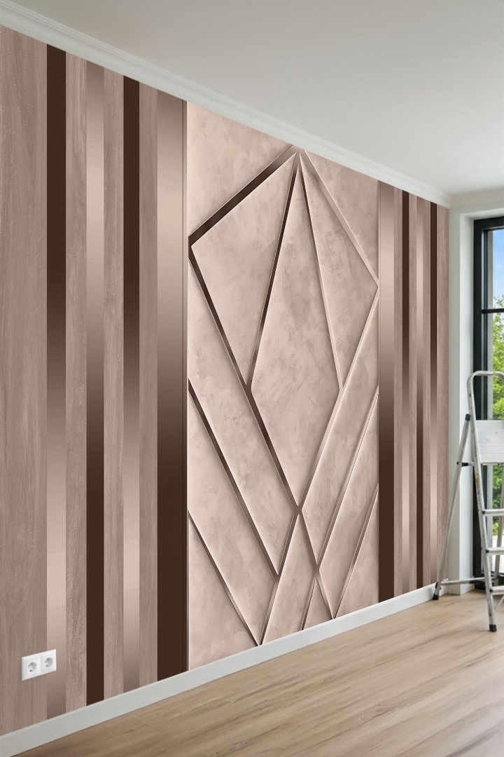 Dikey Çizgili Panel Detaylı ve Geometrik Çıta Desenli Tek Parça Tekstil Duvar Kağıdı 