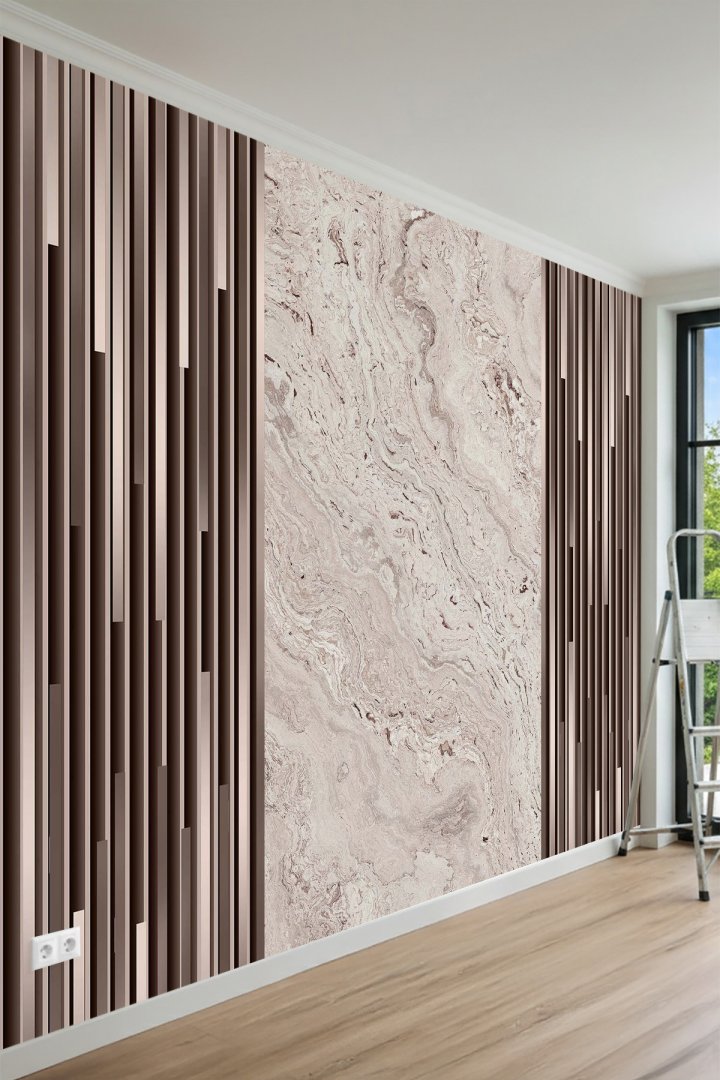 Dikey Panel Detaylı, Doğal Mermer Desenli Tek Parça Tekstil Duvar Kağıdı 