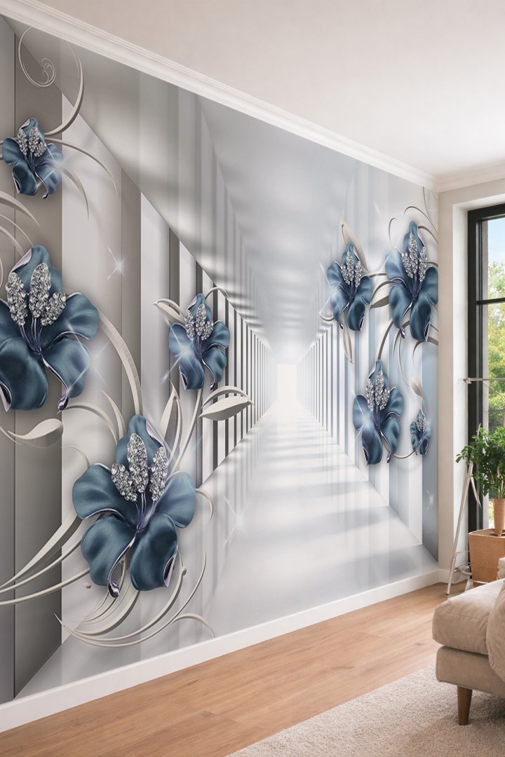 Dreamwall 3 Boyutlu Derinlik Etkili Sonsuz Koridor ve Kristal Çiçekli Tek Parça Tekstil Duvar Kağıdı