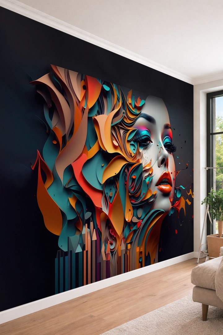 Dreamwall 3 Boyutlu Kağıt Sanatı Efektli Renkli Kadın Portresi Tasarımlı Tekstil Duvar Kağıdı