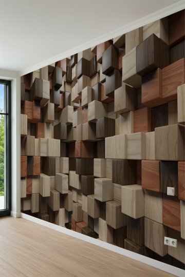 Dreamwall 3D Ahşap Küp Blok Desenli Tek Parça Tekstil Duvar Kağıdı küçük görsel 1