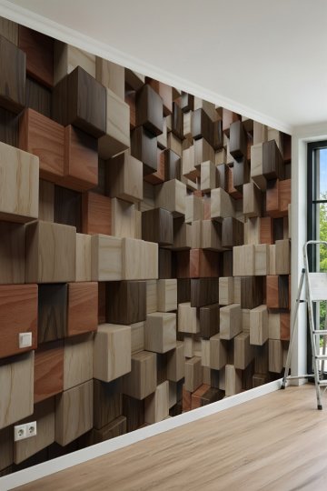 Dreamwall 3D Ahşap Küp Blok Desenli Tek Parça Tekstil Duvar Kağıdı küçük görsel 2
