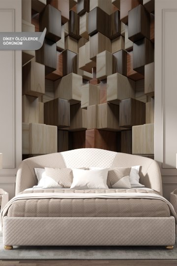 Dreamwall 3D Ahşap Küp Blok Desenli Tek Parça Tekstil Duvar Kağıdı küçük görsel 5