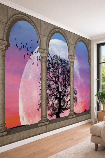 Dreamwall 3D Antik Sütunlu Kemerden Dolunay ve Ağaç Manzaralı Tek Parça Tekstil Duvar Kağıdı