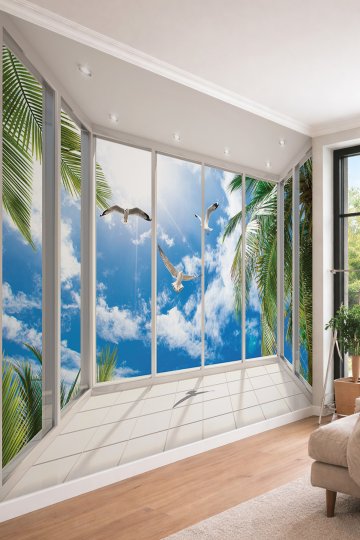 Dreamwall 3D Cam Balkon Efektli Gökyüzü ve Martılar - Derinlik Veren Tek Parça Tekstil Duvar Kağıdı