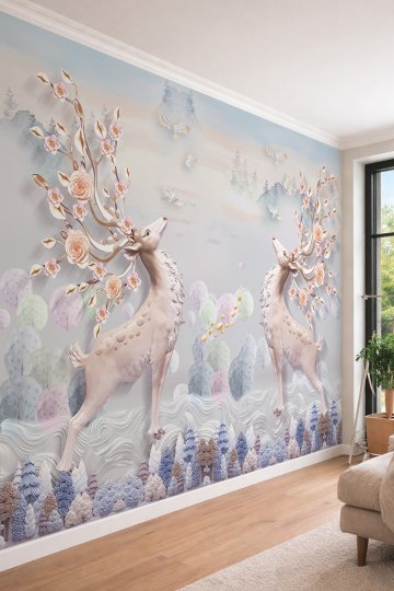 Dreamwall 3D Çiçek Boynuzlu Masal Geyiği Temalı Tek Parça Tekstil Duvar Kağıdı