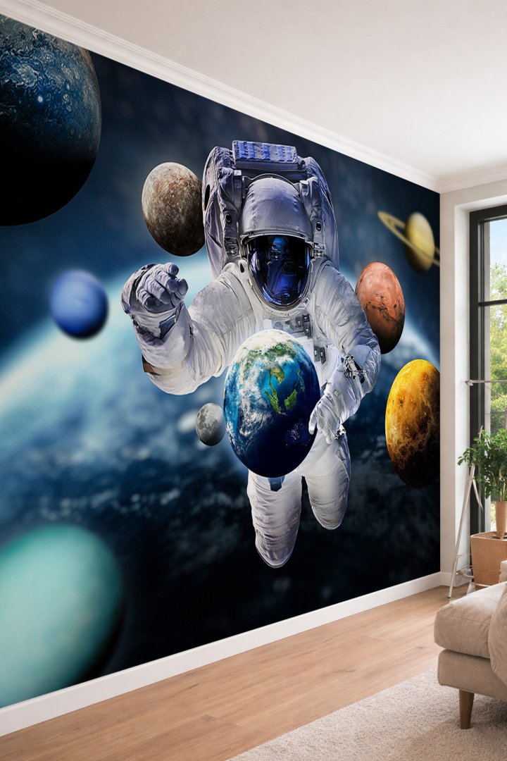 Dreamwall 3D Derinlikli Astronot ve Güneş Sistemi Gezegenleri Temalı Uzay Yolu Tekstil Duvar Kağıdı