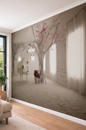 Dreamwall 3D Derinlikli Piyano ve Çiçek Açan Ağaç Temalı Romantik Tek Parça Tekstil Duvar Kağıdı