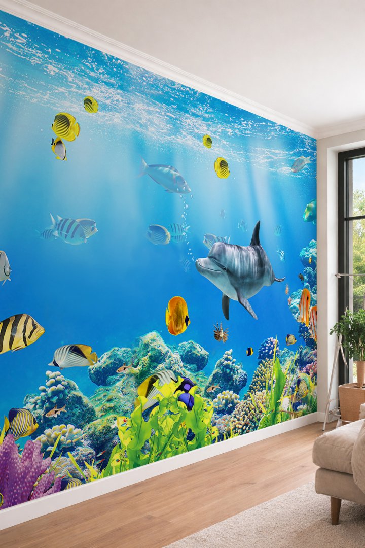 Dreamwall 3D Derinlikli Yunus Balığı ve Tropikal Mercan Kayalıkları Temalı Tekstil Duvar Kağıdı