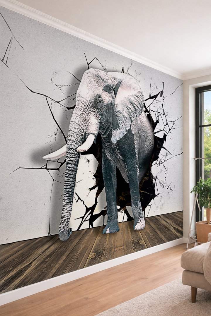 Dreamwall 3D Duvardan Çıkan Fil Efektli - Modern ve Kreatif Tasarım Tek Parça Tekstil Duvar Kağıdı