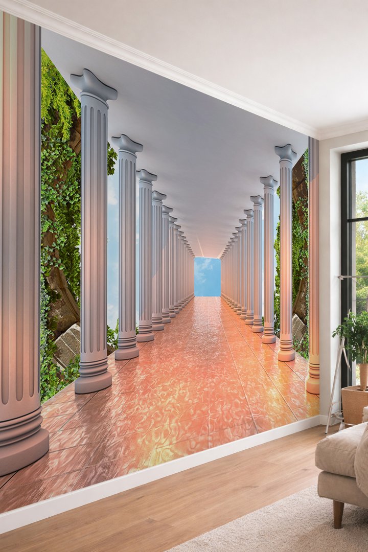 Dreamwall 3D Efektli Antik Roma Sütunlu ve Gökyüzü Manzaralı  Tek Parça Tekstil Duvar Kağıdı