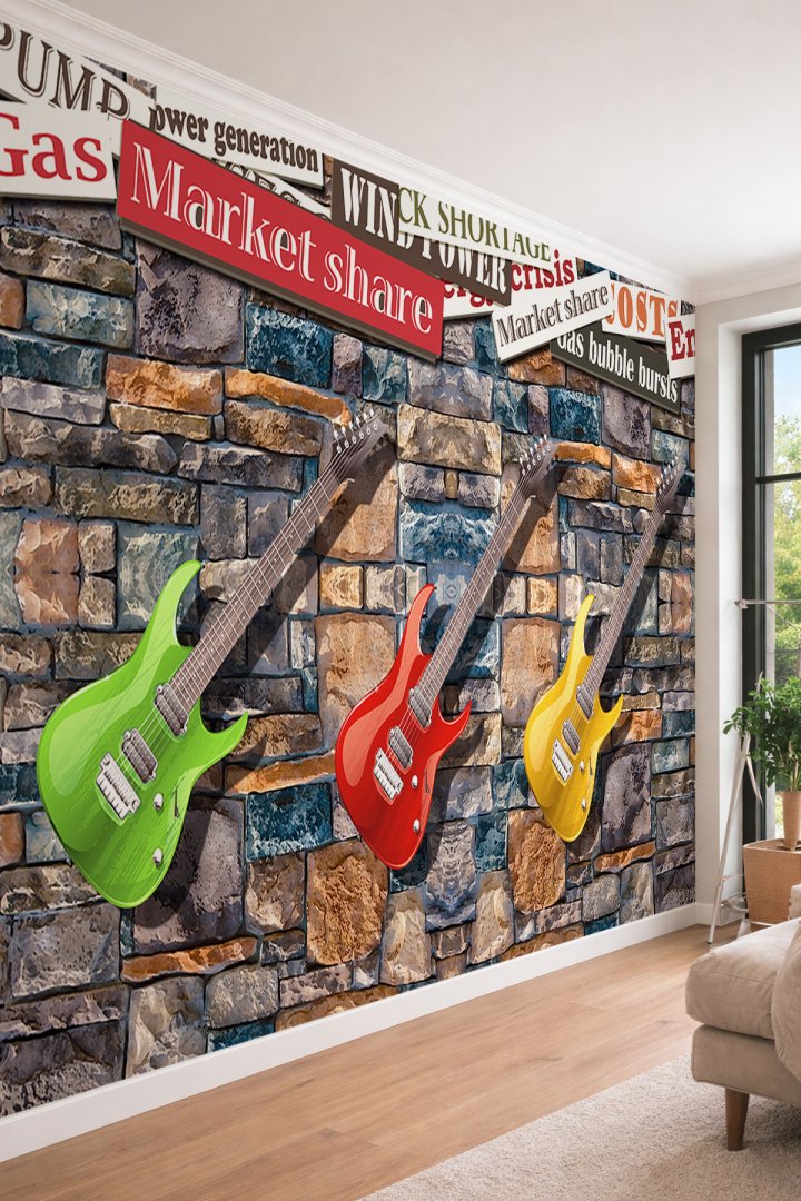 Dreamwall 3D Elektro Gitar ve Doğal Taş Duvar Desenli Tek Parça Tekstil Duvar Kağıdı