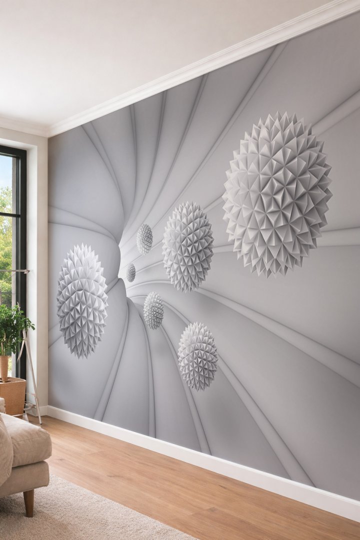 Dreamwall 3D Geometrik Girdap ve Kristal Küreler - Modern Tasarımlı Tek Parça Tekstil Duvar Kağıdı
