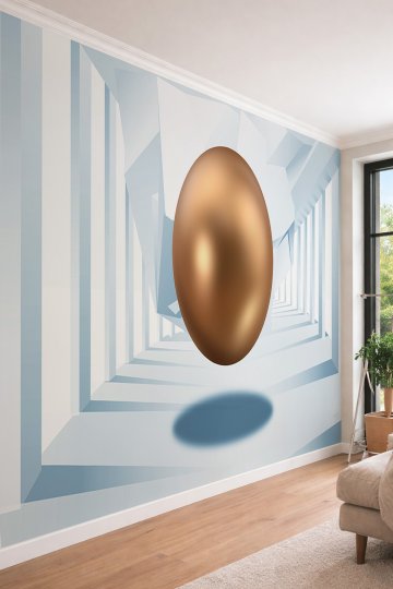 Dreamwall 3D Geometrik Koridor ve Altın Obje - Modern Tasarımlı Tek Parça Tekstil Duvar Kağıdı