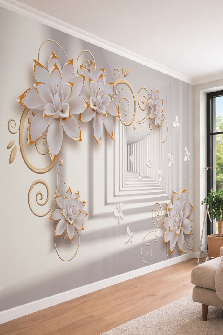 Dreamwall 3D Geometrik Tünel ve Çiçekler - Modern Derinlik Etkili Tek Parça Tekstil Duvar Kağıdı