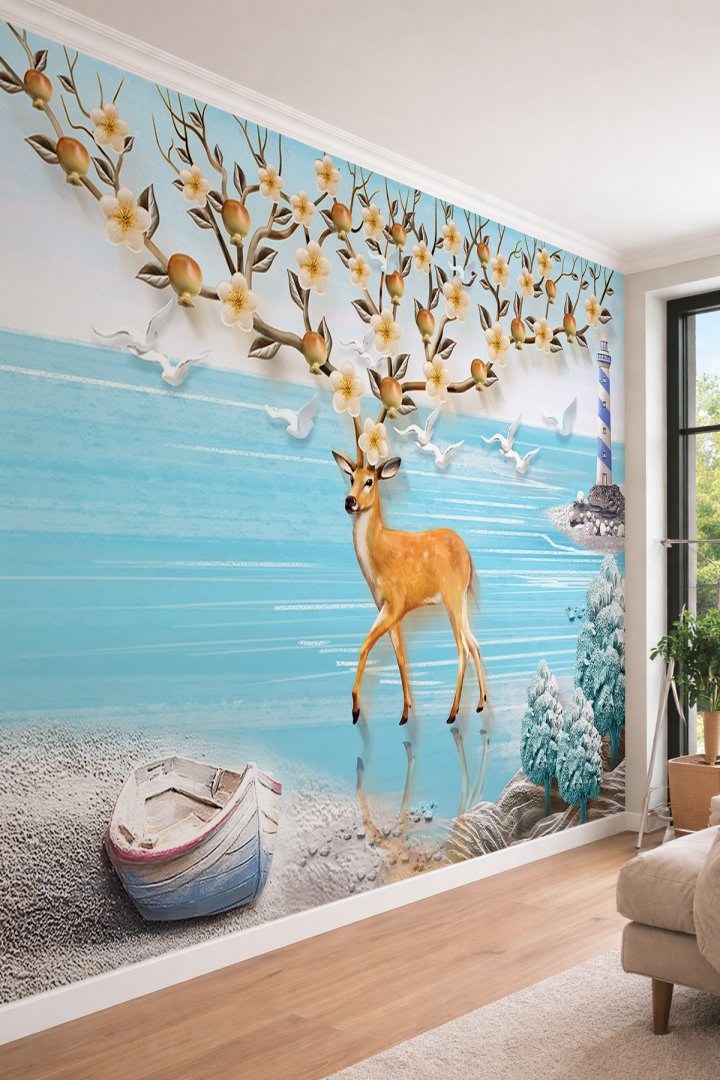 Dreamwall 3D Geyik ve Çiçekli Dalları Temalı Sahil Manzaralı Tek Parça Tekstil Duvar Kağıdı