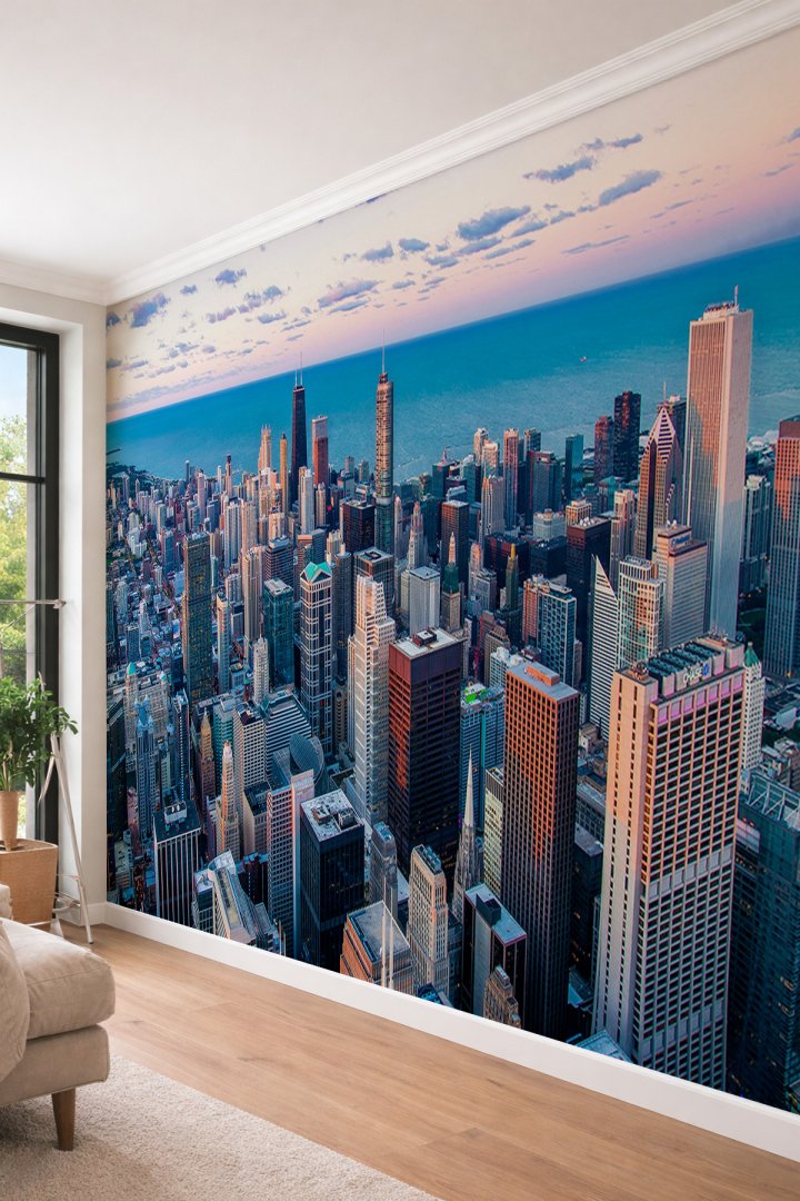 Dreamwall 3D Gökdelenler ve Deniz Manzaralı Şehir Panoramalı Tek Parça Tekstil Duvar Kağıdı
