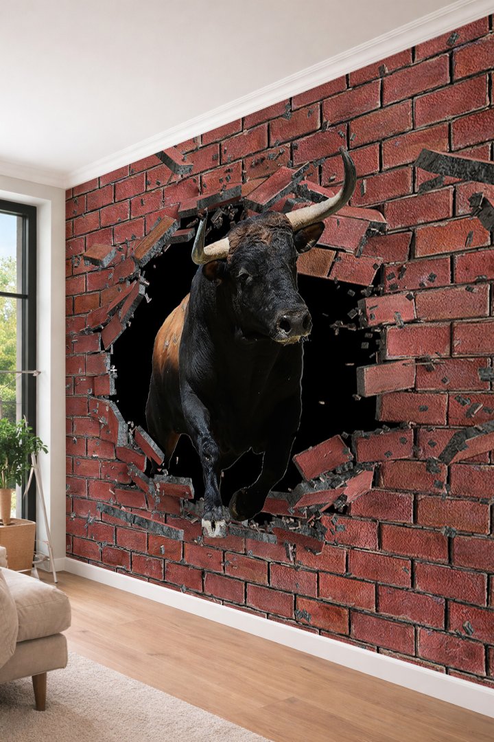 Dreamwall 3D Görsel Efektli Tuğla Duvarı Yıkan Siyah Boğa Temalı Tek Parça Tekstil Duvar Kağıdı