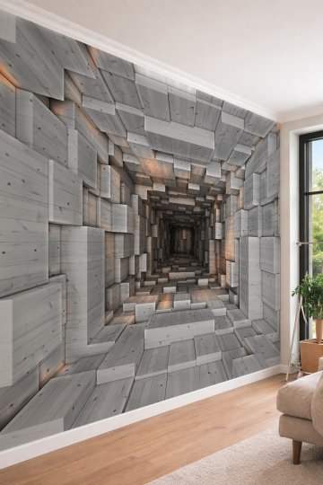 Dreamwall 3D Görünümlü Ahşap Bloklu Geometrik Tünel Desenli Tek Parça Tekstil Duvar Kağıdı
